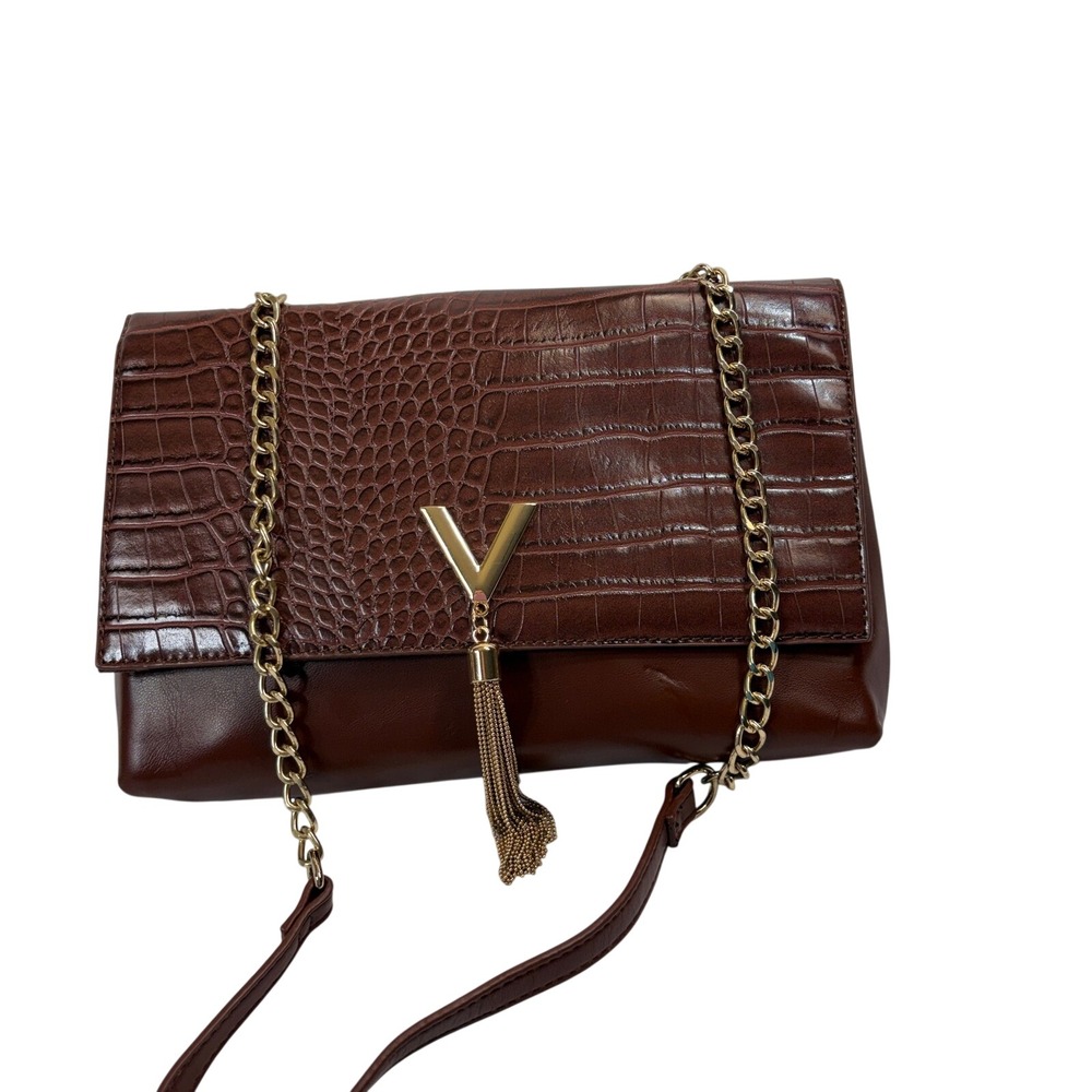 Crossi Brown Croc Embossed Crossbody Bag Gold V Tassel Hardware Faux Leather